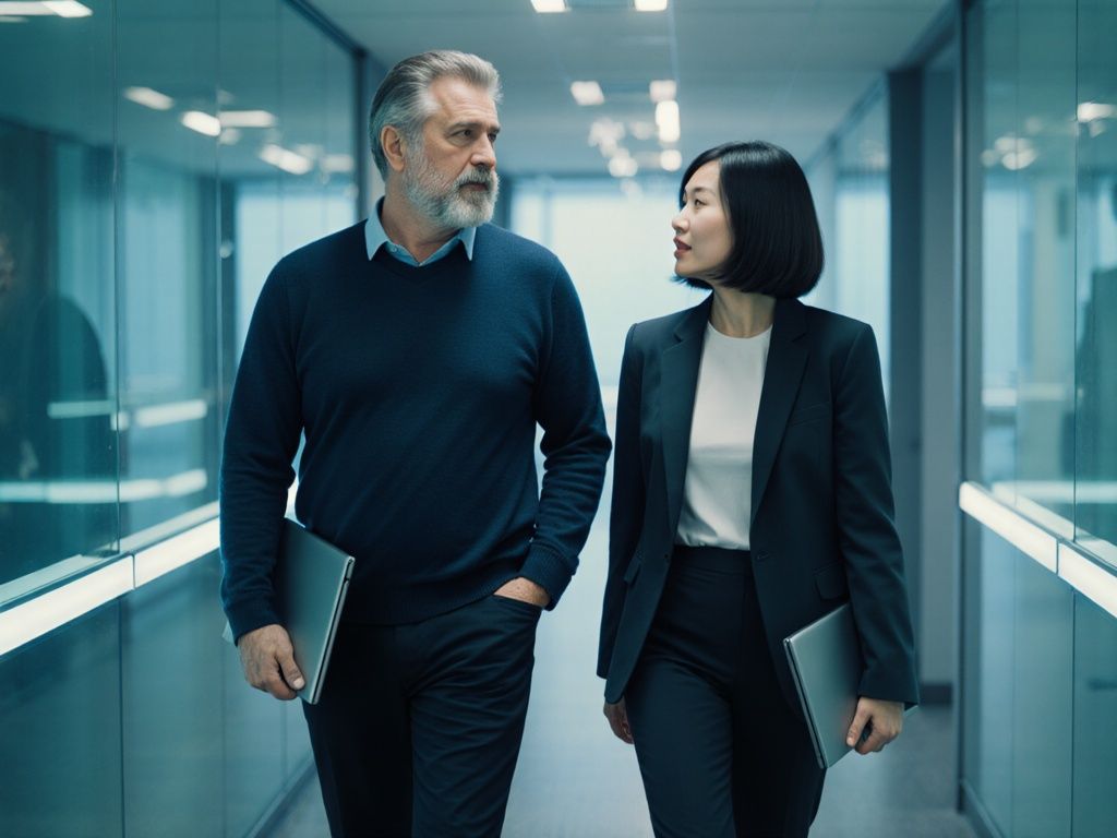 Two IT consultants walking through a modern office
