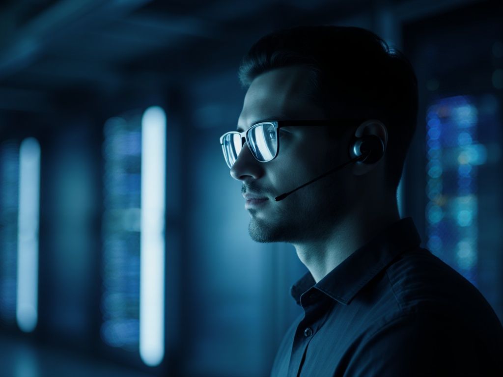 IT support engineer wearing a headset in a server room