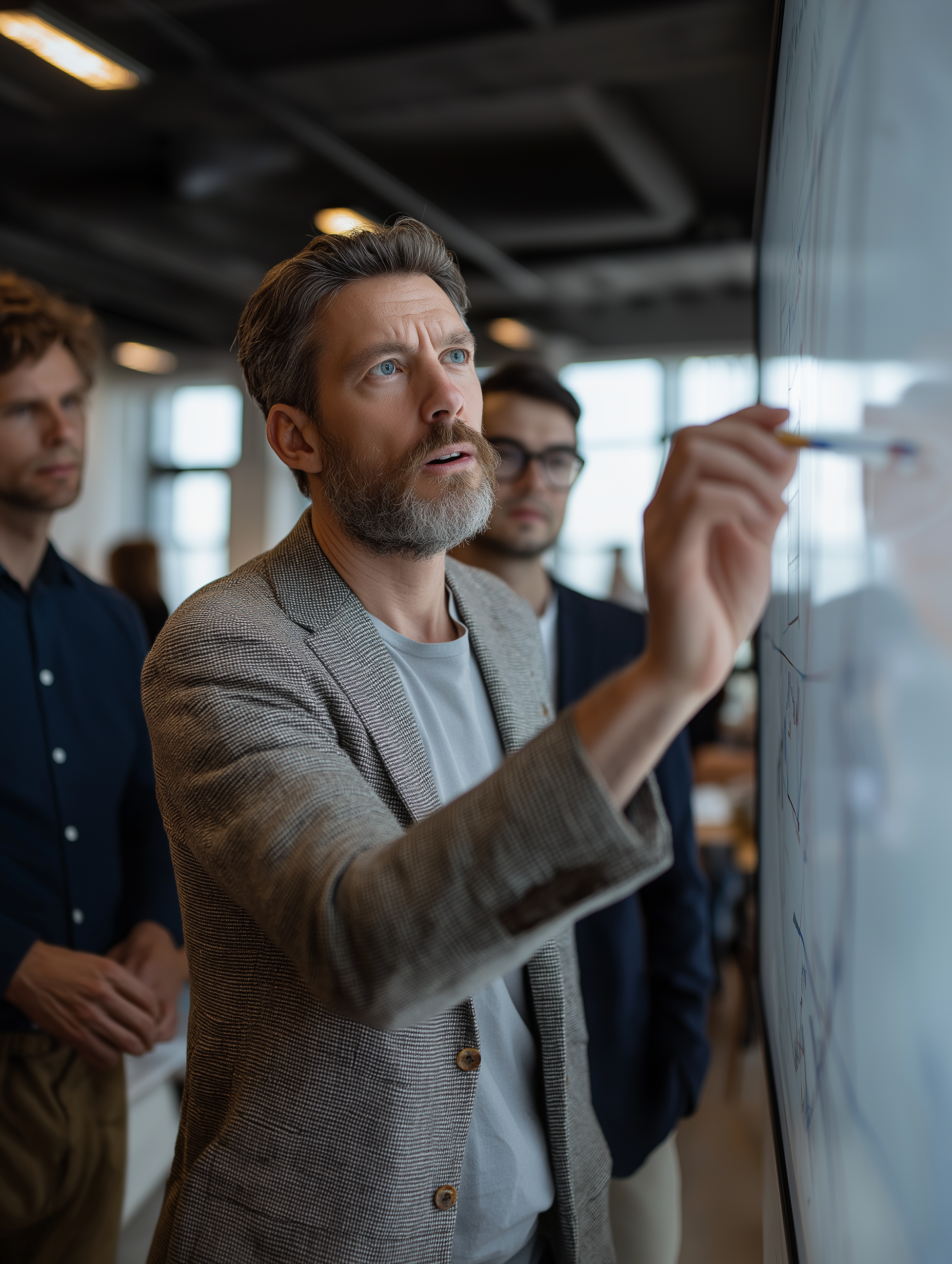 IT manager explaining a plan on a whiteboard to his team