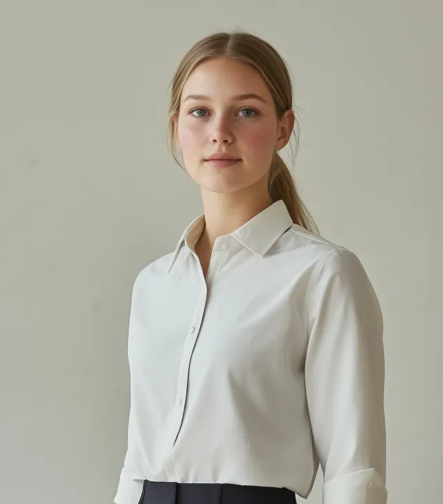 Naomi Vexley in a white shirt against a grey wall