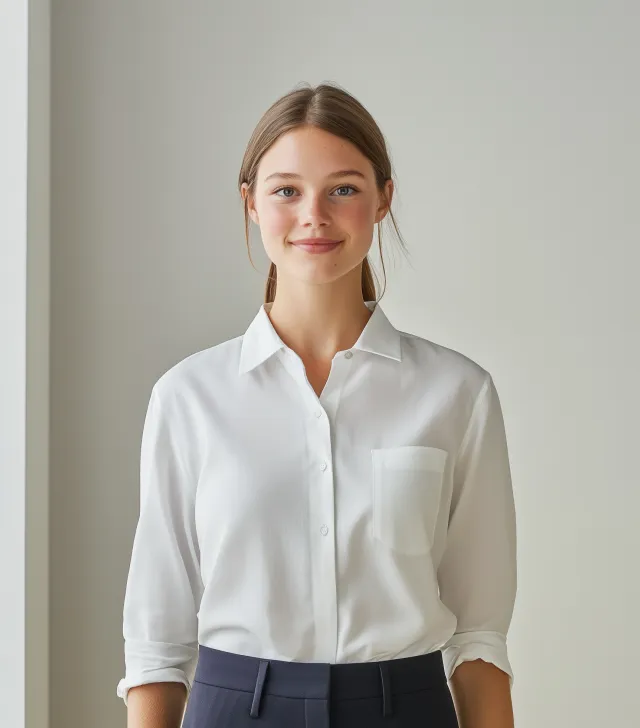 Rhea Callister smiling in a white blouse