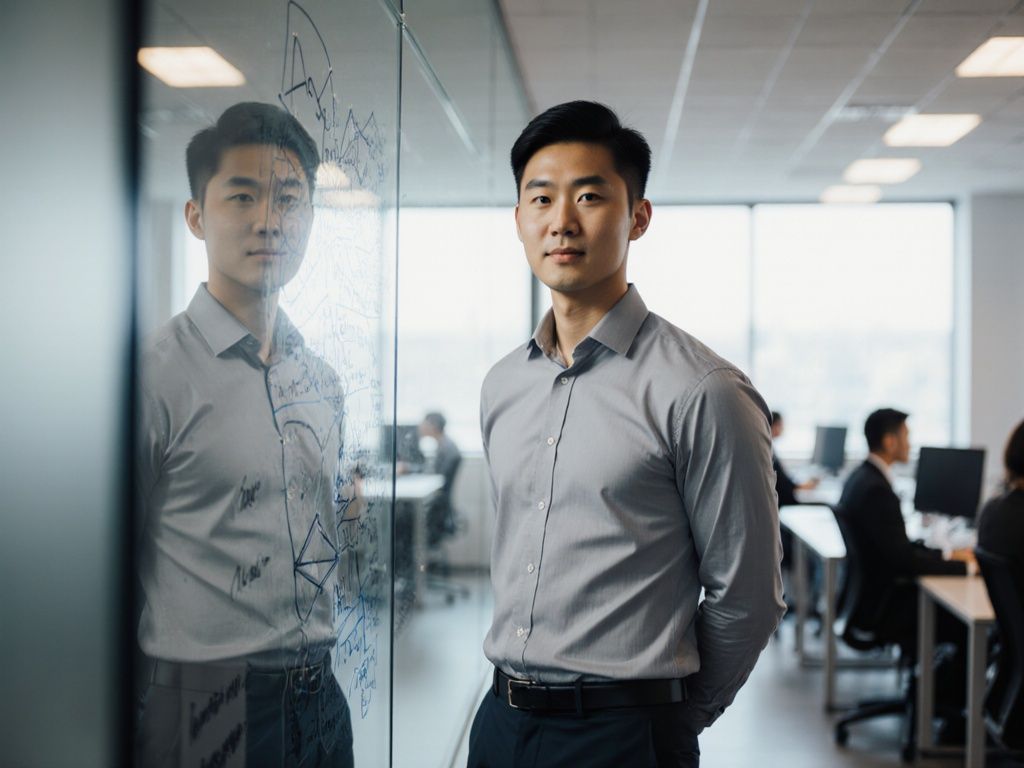 IT professional standing beside a glass wall in an open-plan office