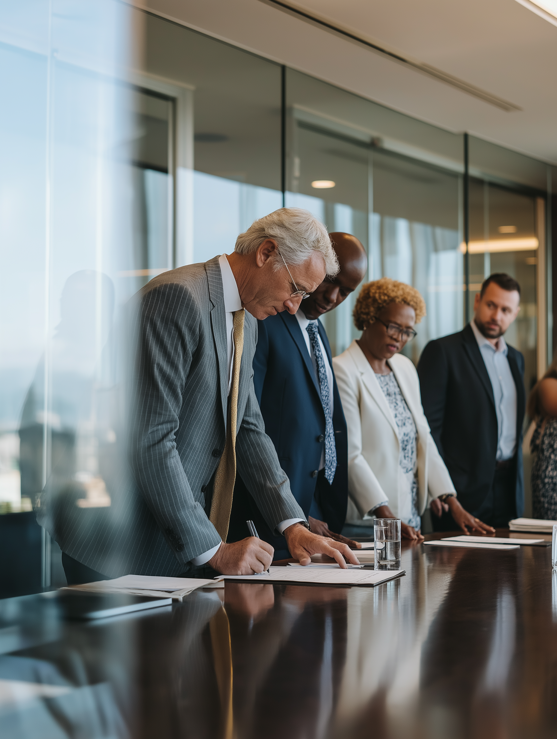 Business team reviewing and signing a contract at a conference table